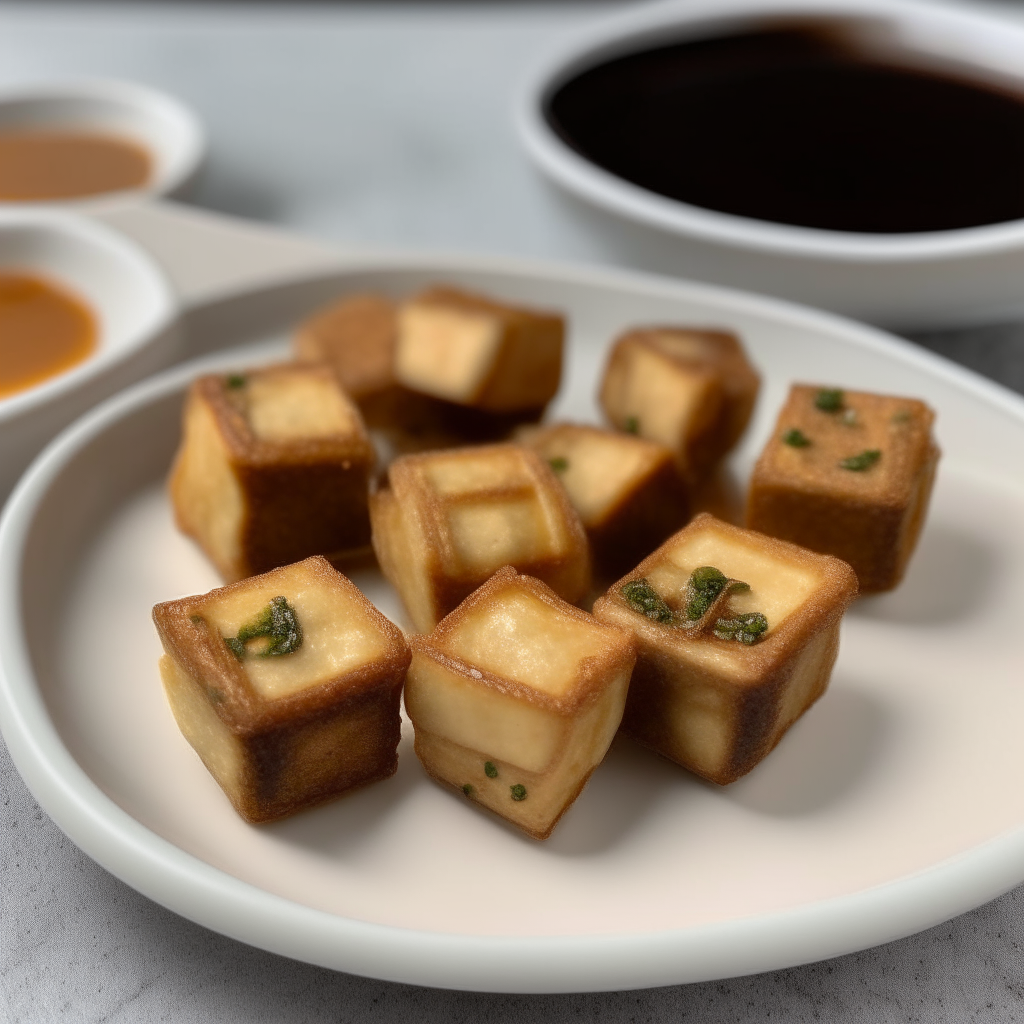 Crispy air fryer tofu bites with dipping sauce on a white plate