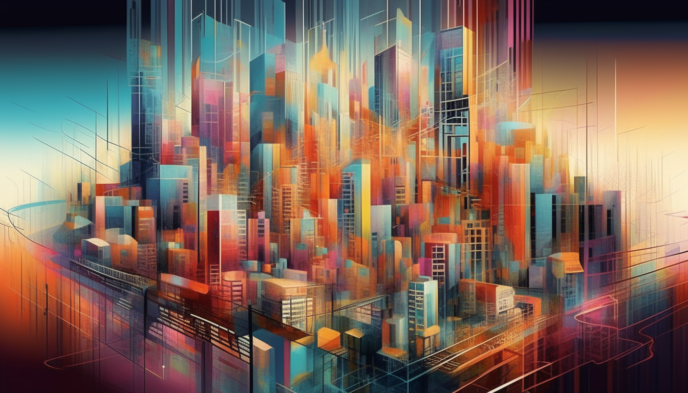 The cityscape transitions to reveal more details in a colorful gradient