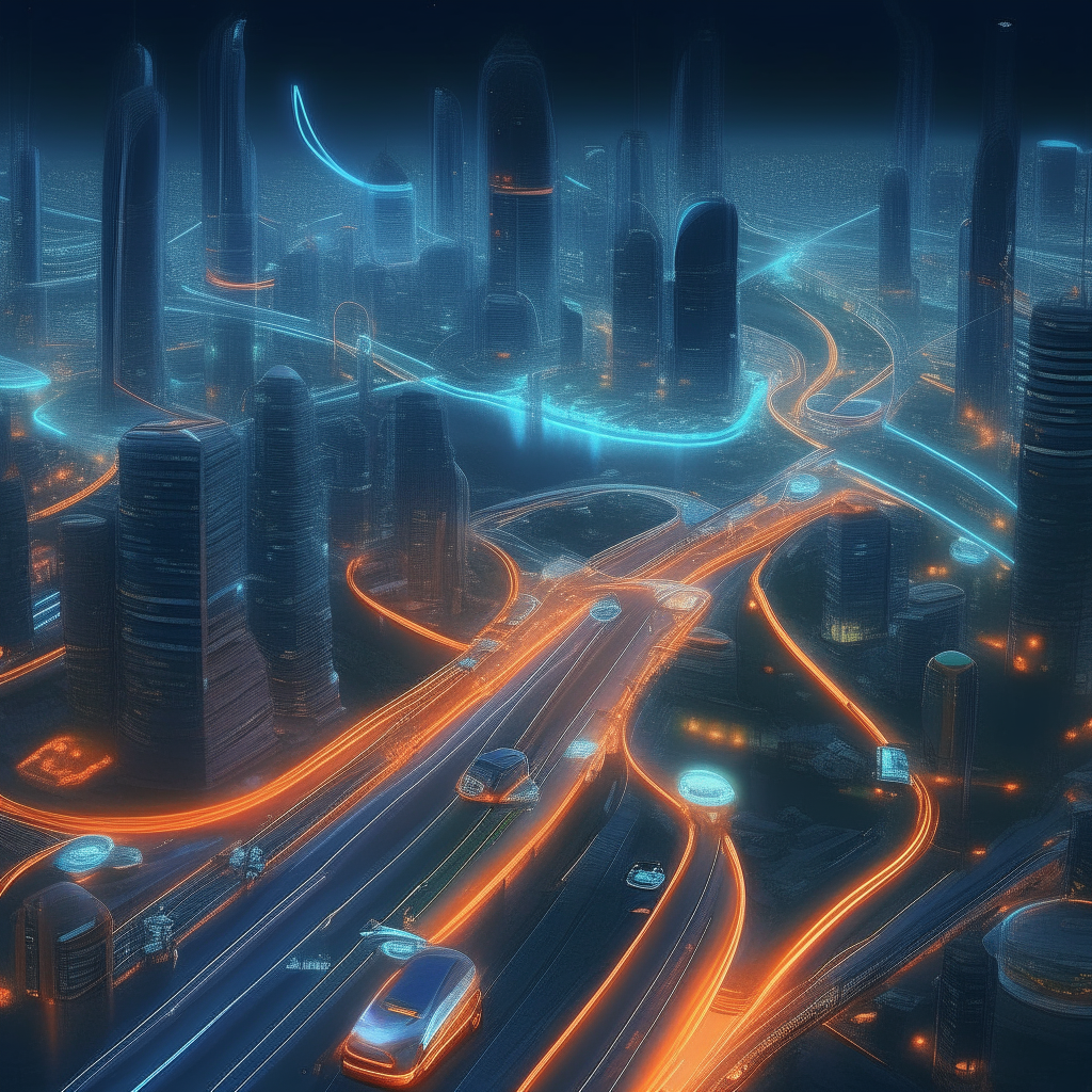 a futuristic city filled with lots of traffic flowing along glowing roads