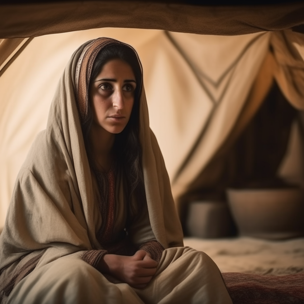 sad Arab woman in ancient preislamic arabia, sitting in old arabian tent