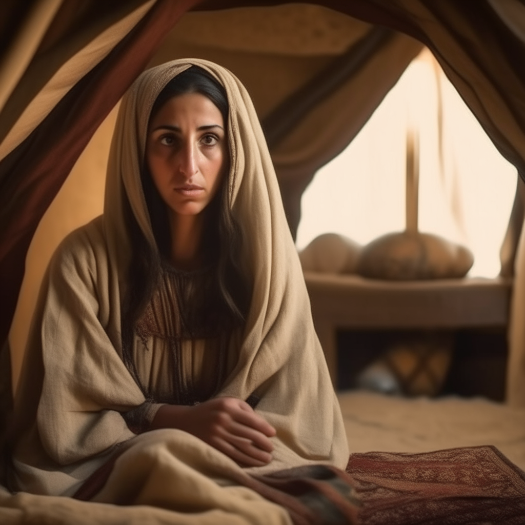 sad Arab woman in ancient preislamic arabia, sitting in old arabian tent