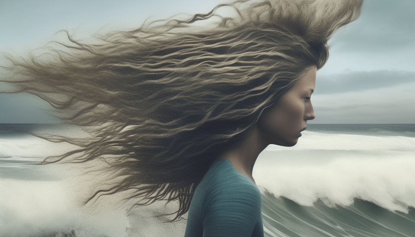 surfer on woman hairs. surreal