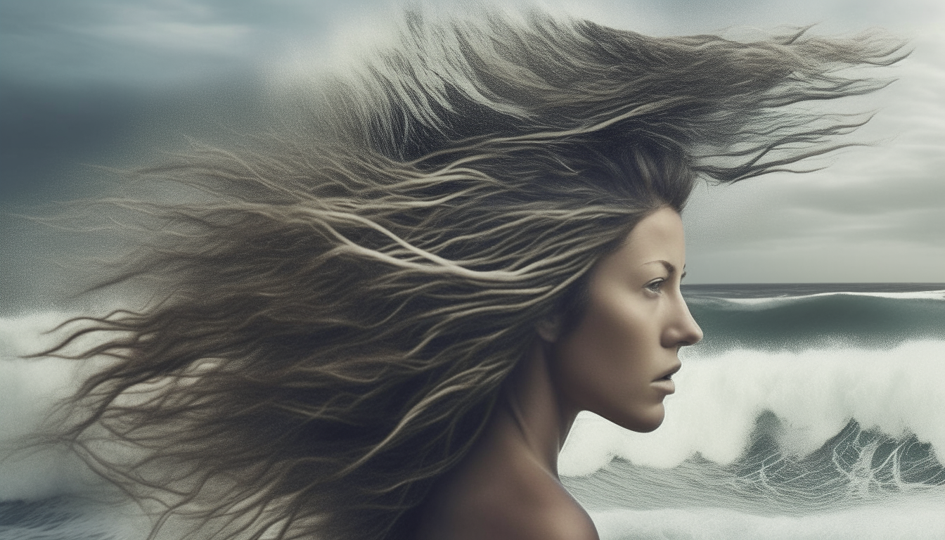 surfer on woman hairs. surreal