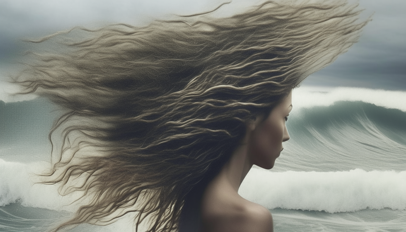 surfer on woman hairs. surreal