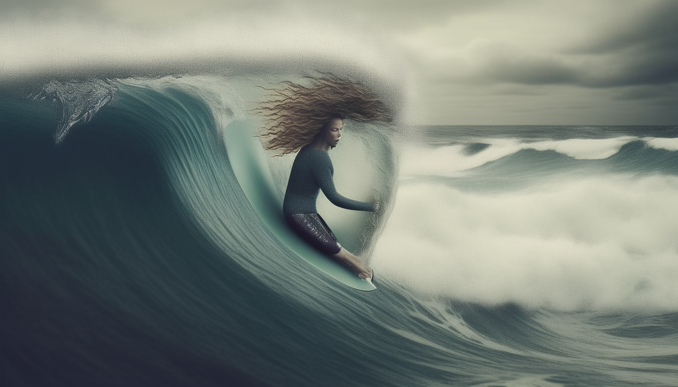 Surfer surfing on female hair. surreal