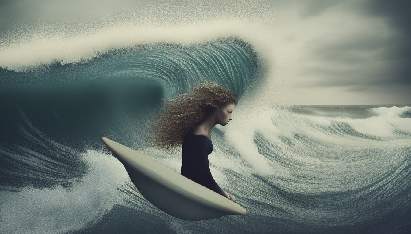 Surfer surfing on female hair. surreal