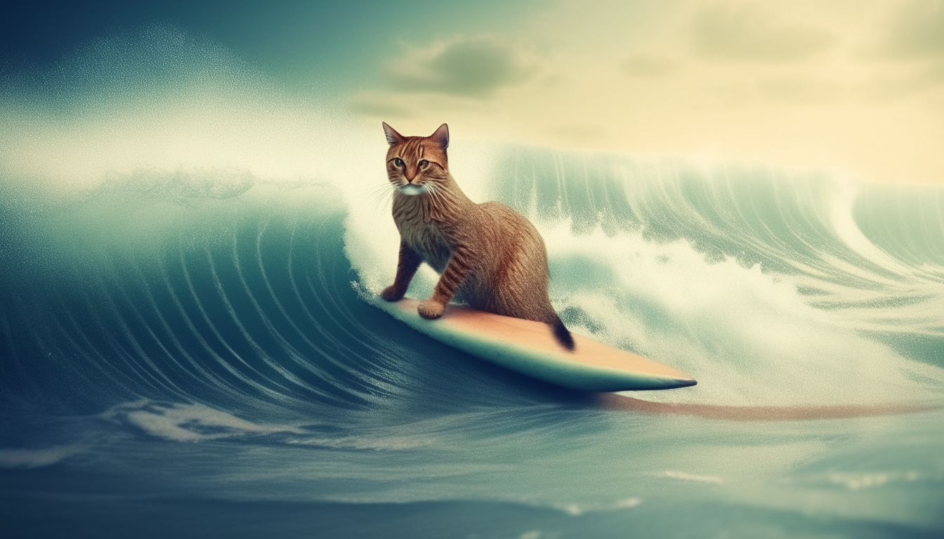 surfer cat surfing on female sea. surreal