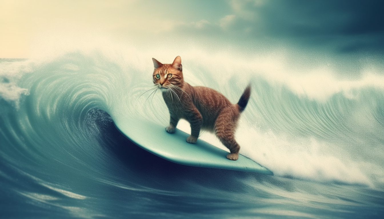 surfer cat surfing on female sea. surreal