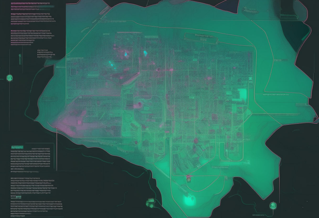 A detailed overhead concept map of The City of Malachite and surrounding regions in a 14:9 aspect ratio, showing the layout and connections between districts, infrastructure and surrounding areas with an enhanced color palette including blues and pinks, and incorporating a framed reference map