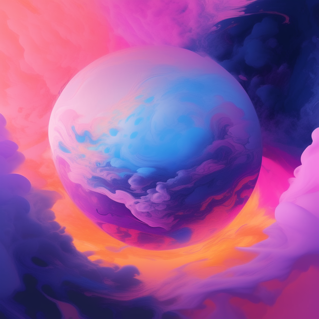 A vibrant planet with purple and blue swirls in the clouds, dotted with continents in vibrant shades of pink and orange