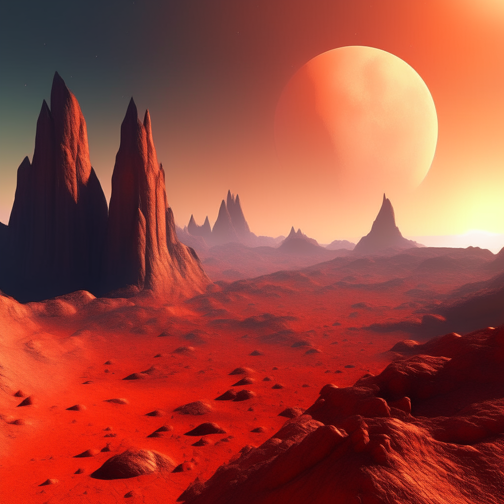 A rocky desert world with towering red mountains and canyons under three suns