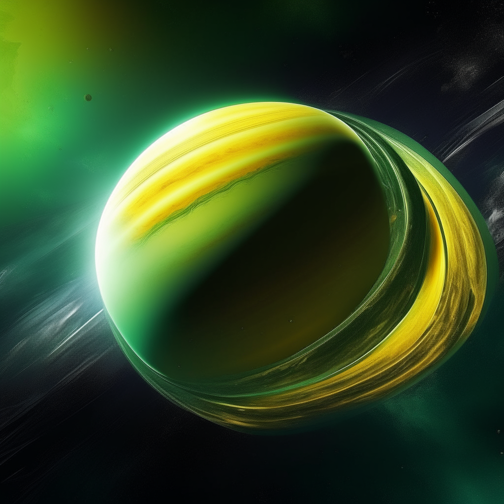 A gaseous planet with rings and storms raging in hues of yellow and green