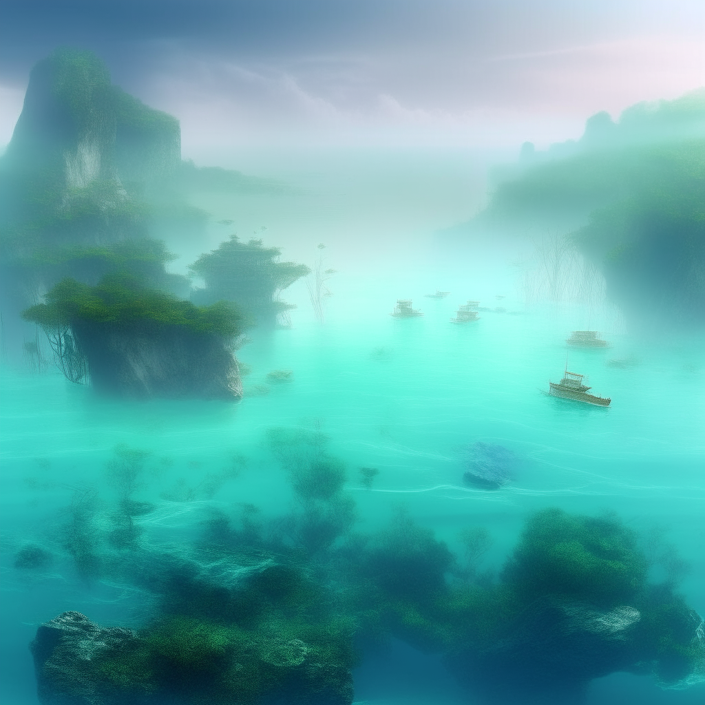 A misty waterworld covered in aquamarine oceans with archipelagos of emerald islands