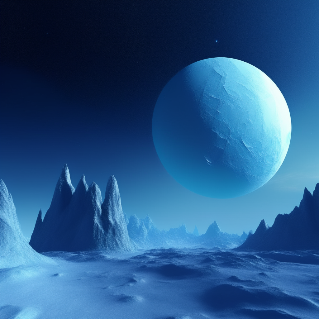 A planet of icy tundras and glaciers in shades of azure blue under twin moons