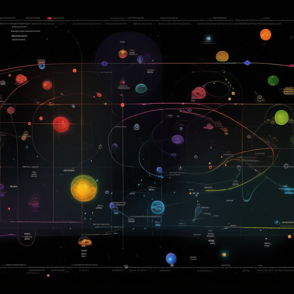 An artistic 16:9 concept map of the Neon-o-Pia galaxy, featuring planets 1-7 among colorful stars, moons and nebulae