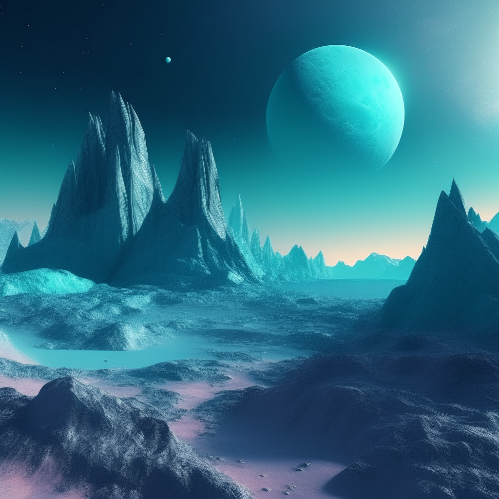 A planet of crystalline mountains and glass deserts under two moons, in shades of aqua, teal and azure