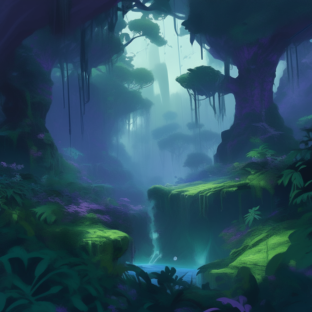 A dense jungle world covered in emerald rainforests and purple vines, with an atmosphere of indigo clouds