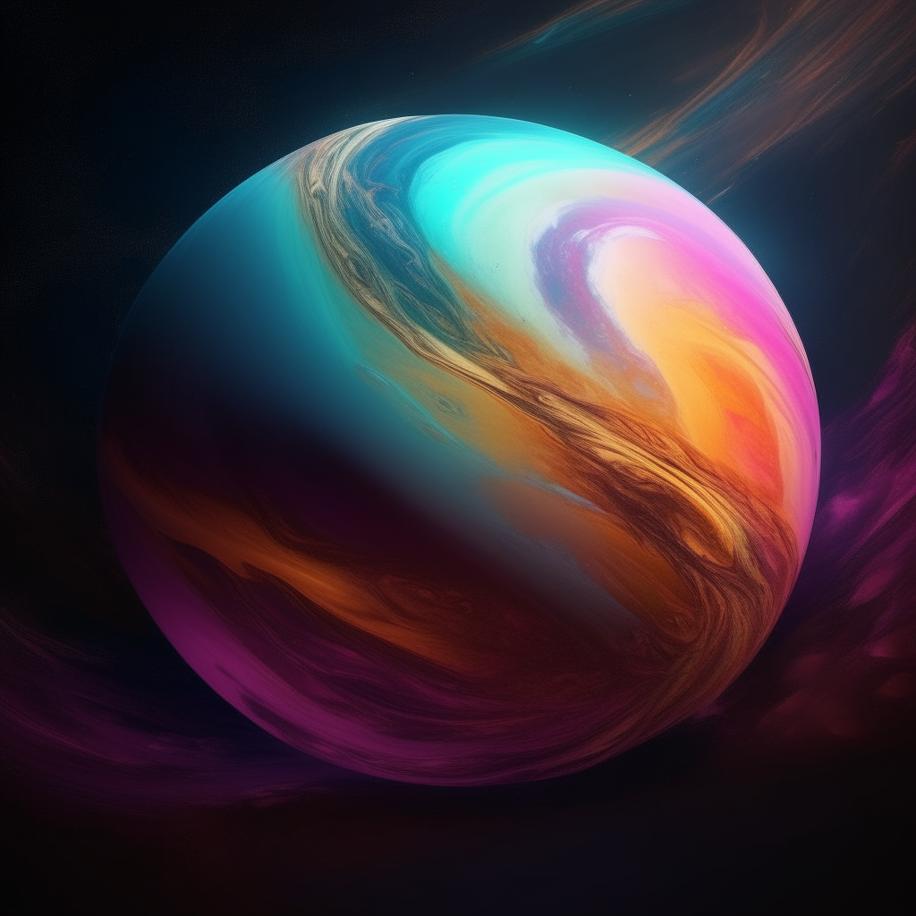 A gaseous planet swirling with colorful storms, seen from the side to showcase its complete spherical shape