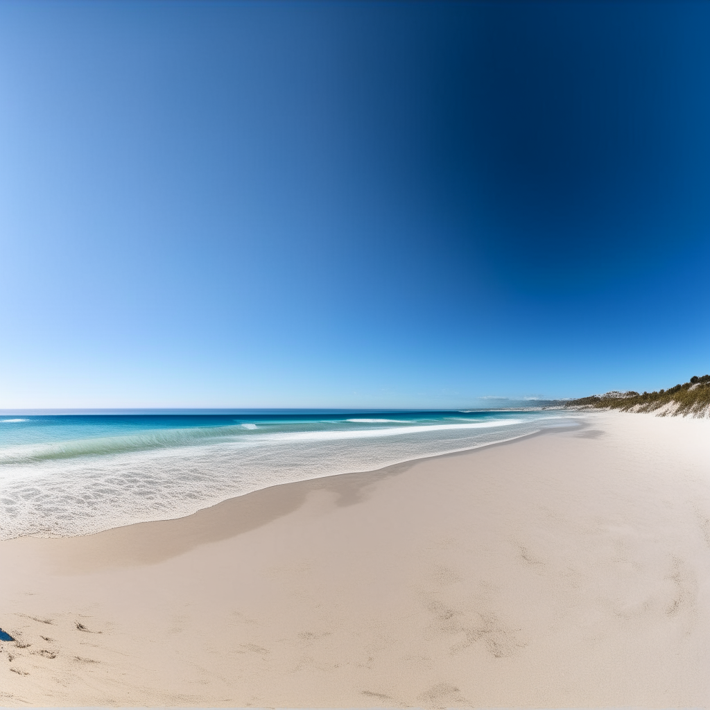 A wide panoramic view of a sandy beach with calm blue ocean waters under a clear sky