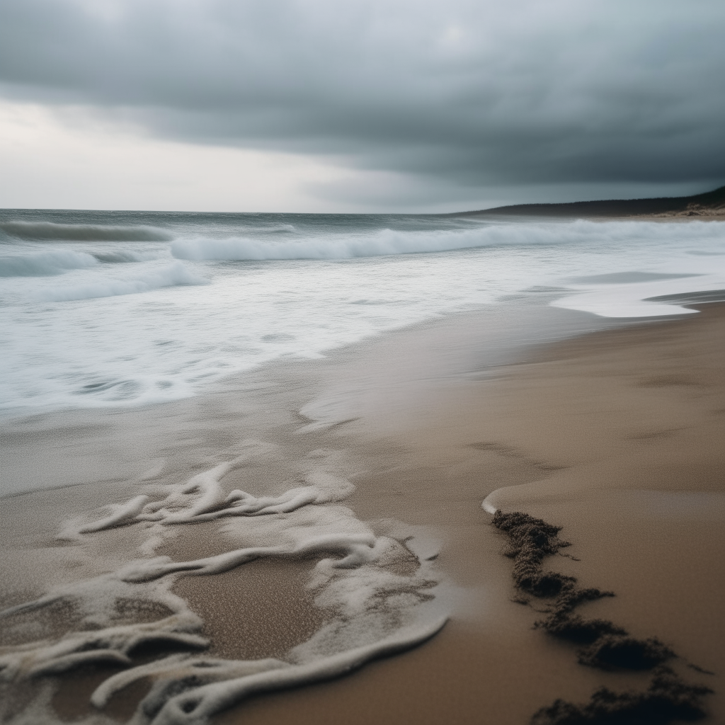 A close-up view of wet sandy beach with small waves crashing on the shore under overcast skies