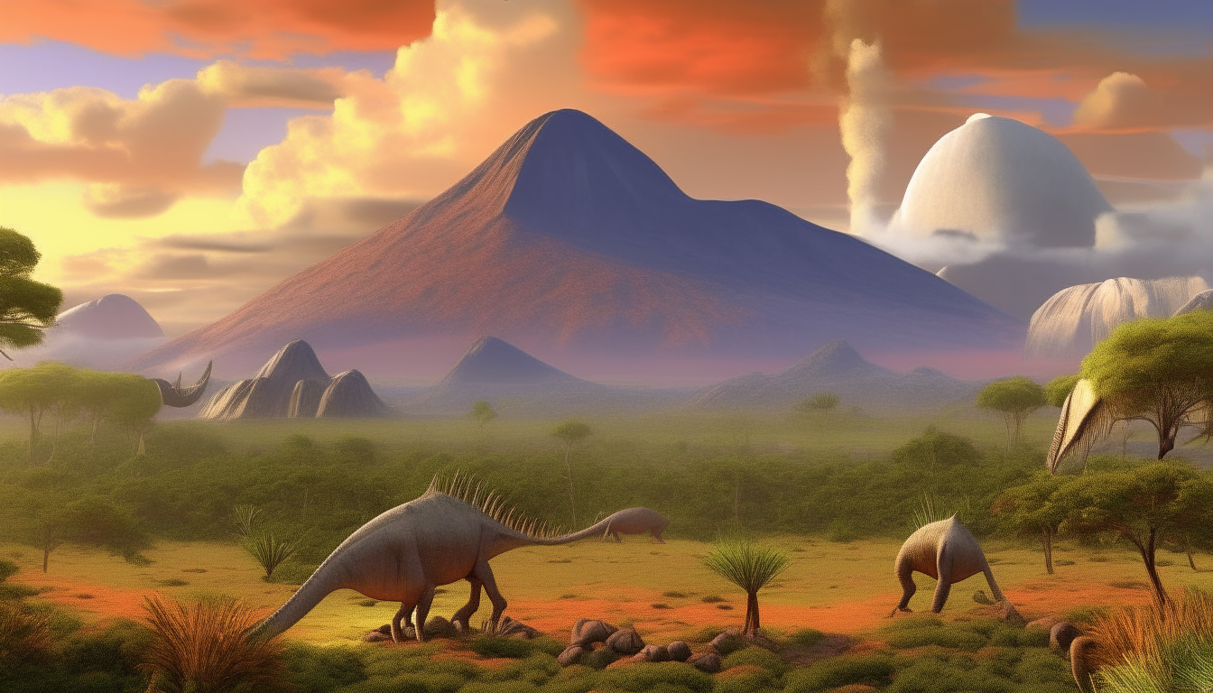 A volcanic landscape with tall volcanoes in the background. Dinosaurs like brachiosaurus and triceratops can be seen grazing on vegetation in the foreground.