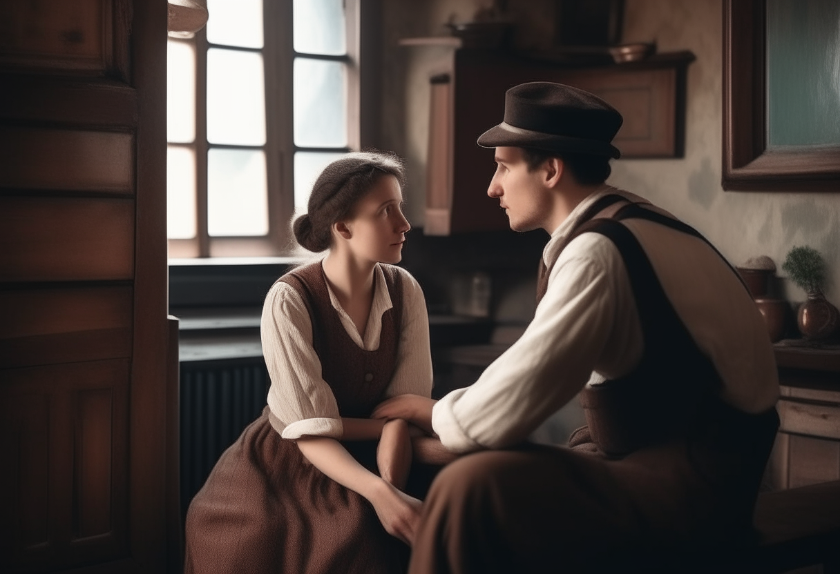A young couple talking in old times in a old house 