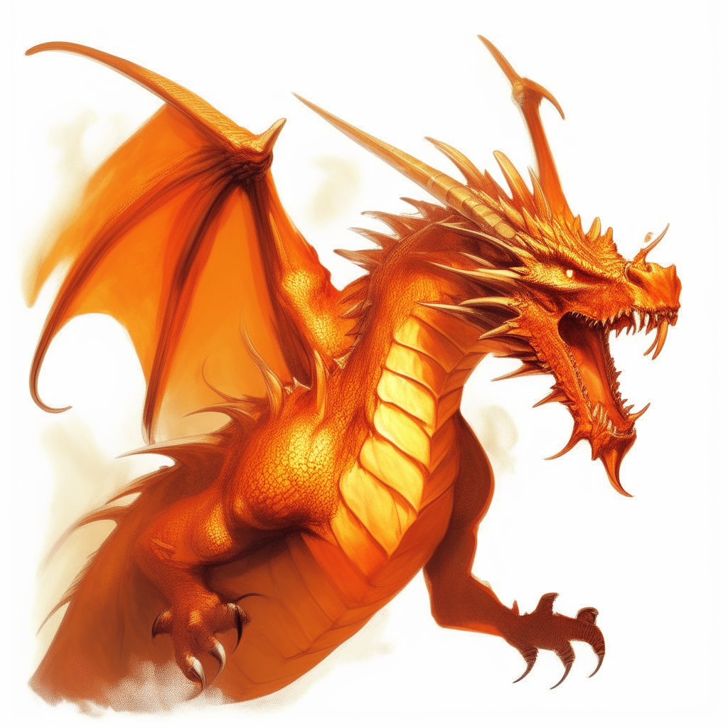 an orange dragon breathing fire from its mouth, with its head and wings clearly visible