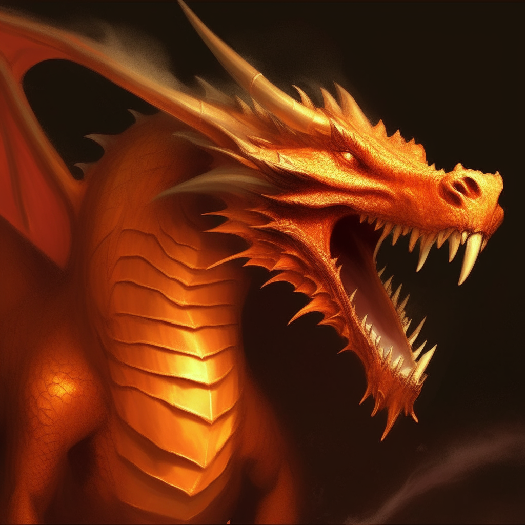 another image of an orange dragon breathing fire from its mouth, with its head and wings clearly visible