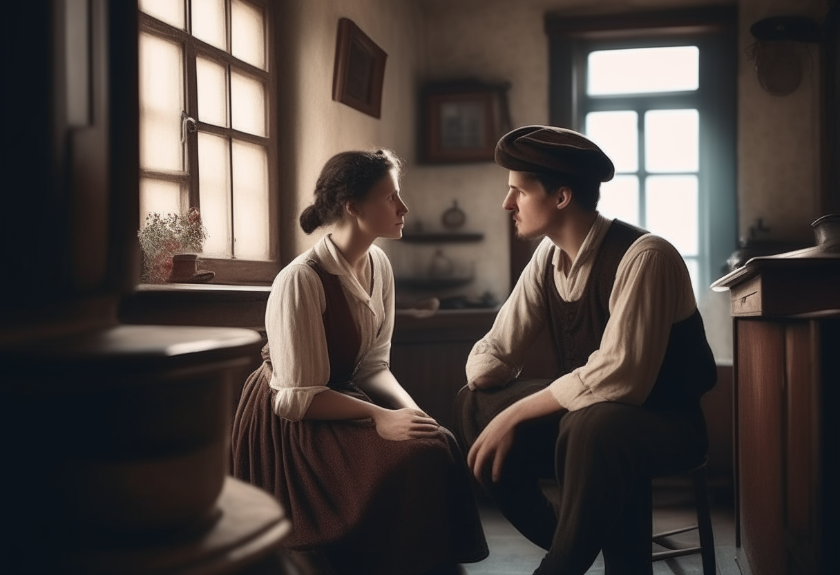 A young couple talking in old times in a old house 