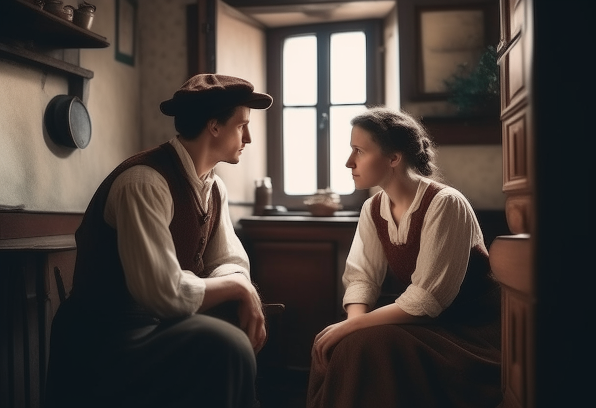 A young couple talking in old times in a old house 