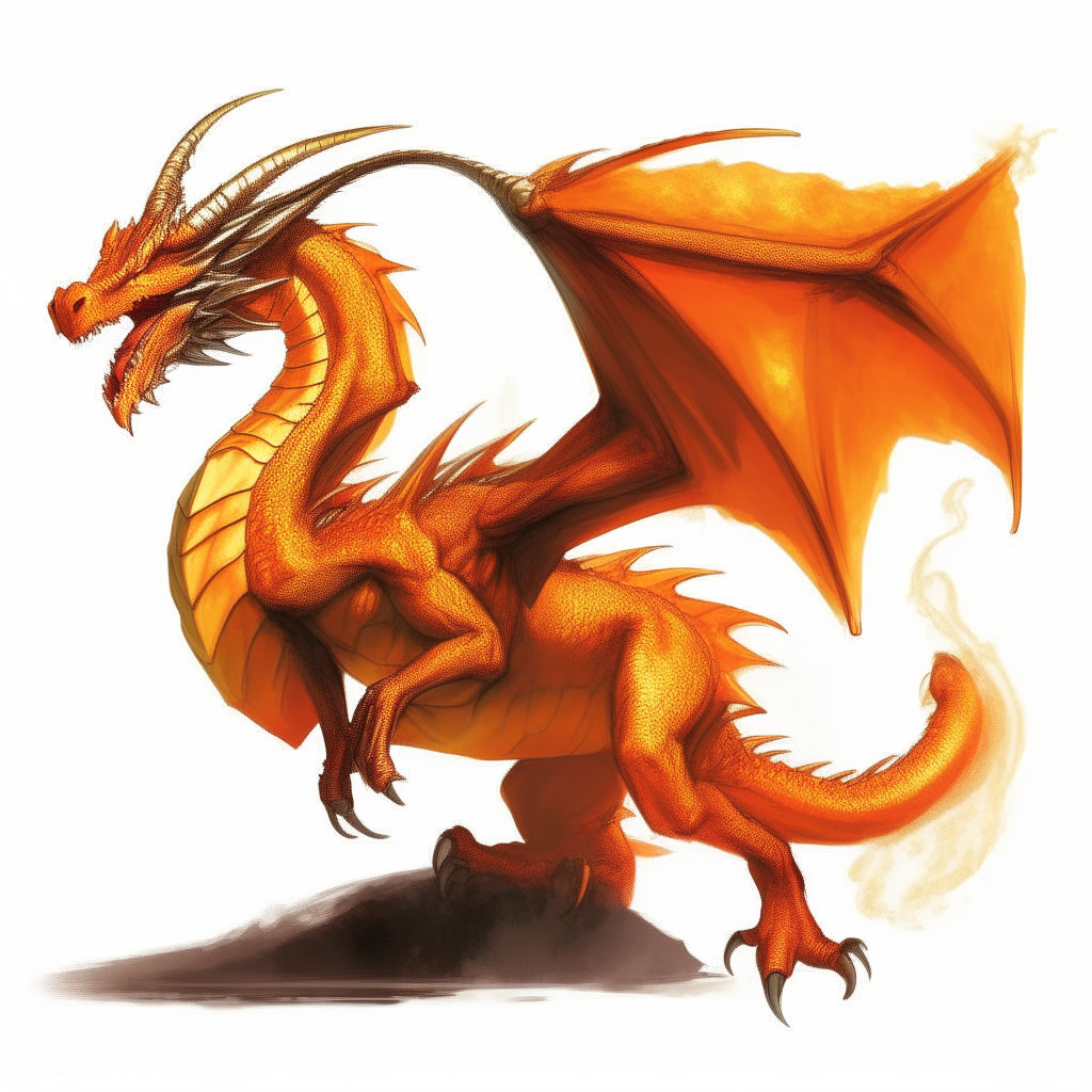 An orange dragon breathing fire, shown from the side to showcase its wings and talons