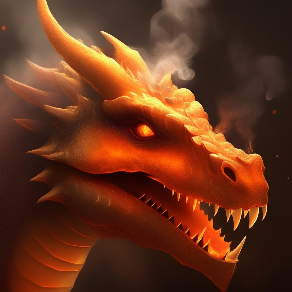 A close-up portrait of an orange dragon's head, with glowing eyes and smoke rising from its nostrils