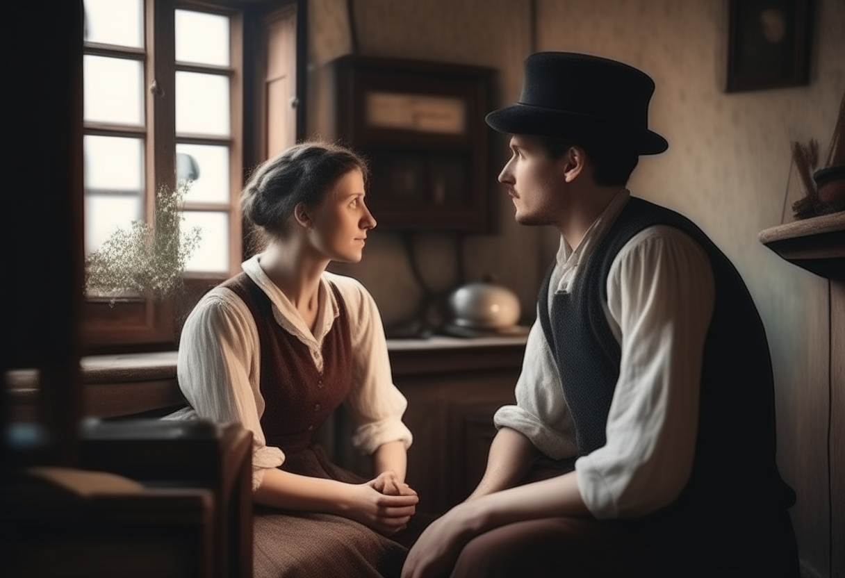 A young couple talking in old times in a old house 
