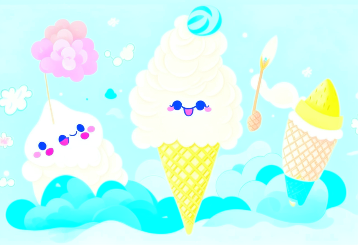 A charming ice cream plushie with a pastel blue cone and a fluffy white swirl on top. The plushie exudes a playful and cheerful vibe with its happy face and rosy cheeks.