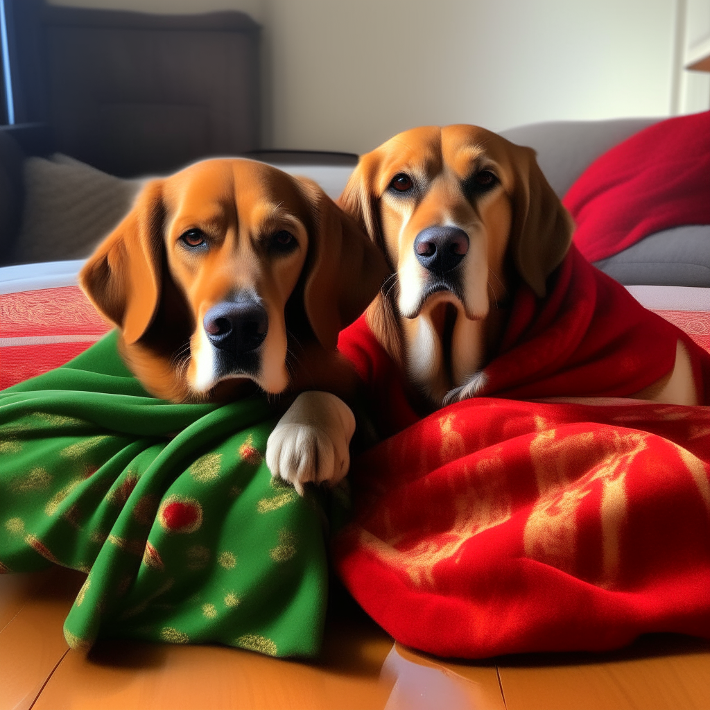 A golden retriever and a beagle snuggled under festive red and green blankets on a living room floor, for a Christmas blanket drive for dogs