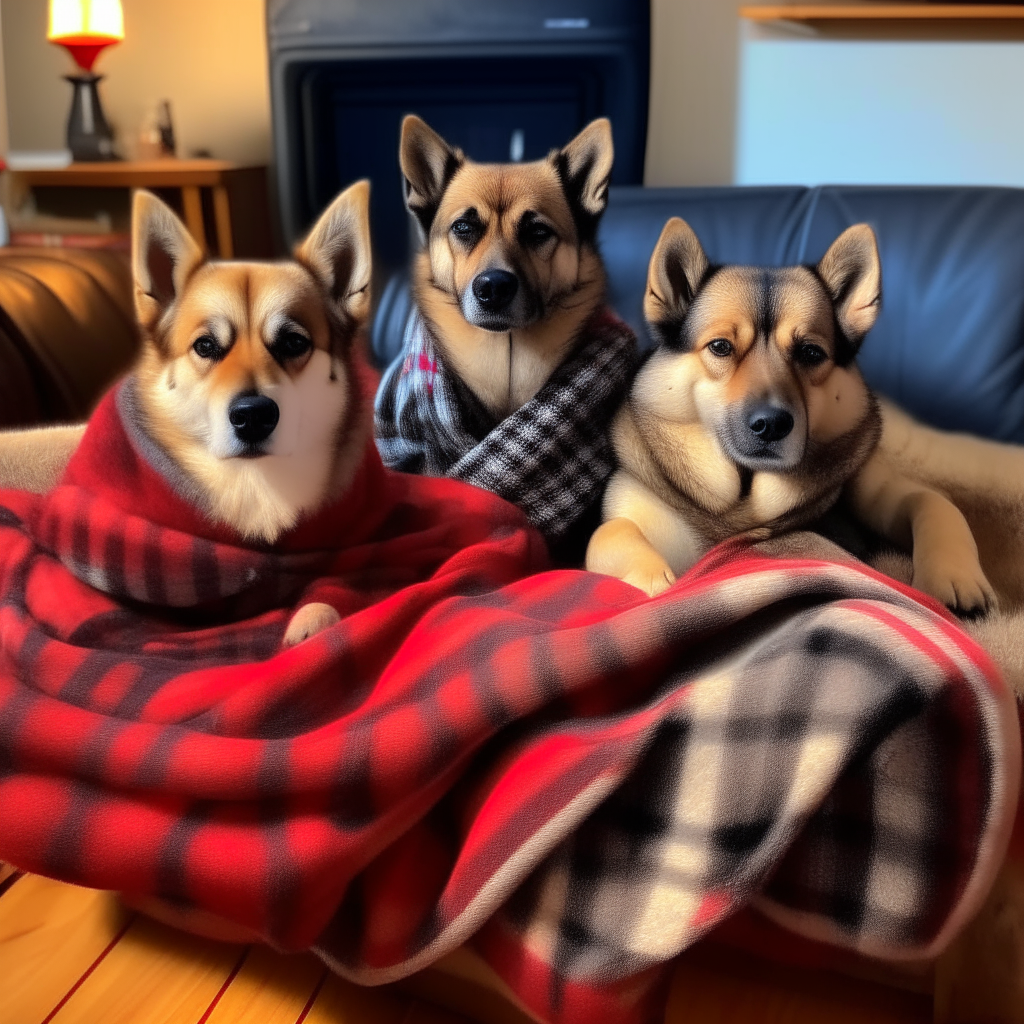 A German shepherd, a husky and a pug bundled up in plaid blankets on the couch, for a Christmas blanket drive for dogs