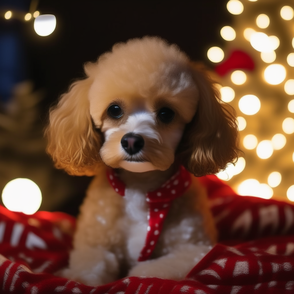 A toy poodle bundled up in a red plaid blanket under a Christmas tree decorated with white lights and gold and silver ornaments, promoting a blanket drive for dogs