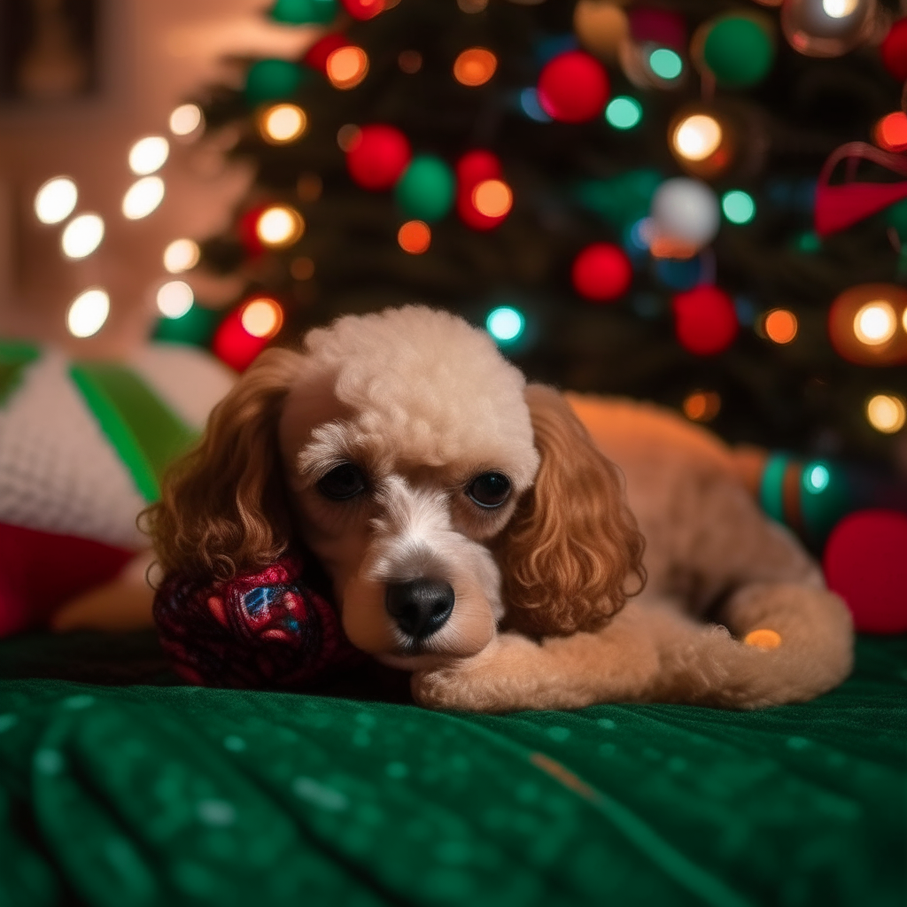 A toy poodle curled up asleep on a green and red patterned blanket under a Christmas tree decorated with multicolored lights and wrapped presents, promoting a blanket drive for dogs