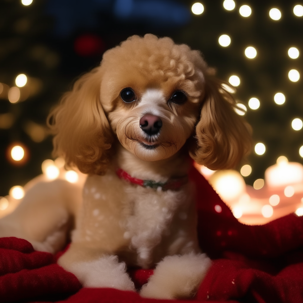 A toy poodle smiling joyfully while bundled up in a red plaid blanket under a Christmas tree decorated with white lights and gold ornaments, promoting a blanket drive for dogs