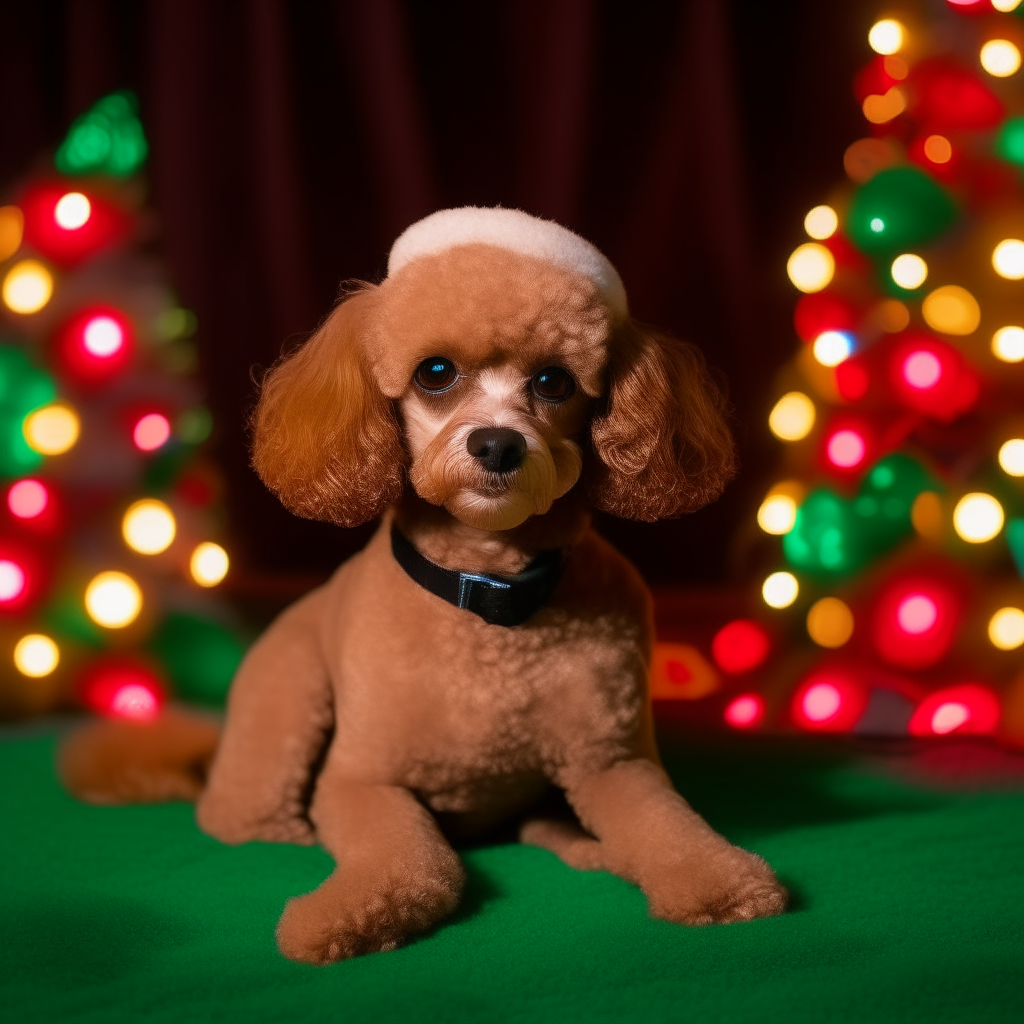 A smiling toy poodle sitting happily on a green blanket decorated with Christmas trees under a lit Christmas tree wrapped in multicolored lights, promoting a blanket drive for dogs