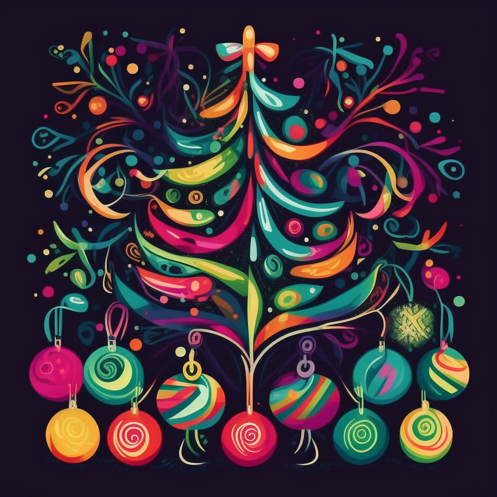 Stylized Christmas tree ornaments, lights, ribbons and bows in a colorful vector art style