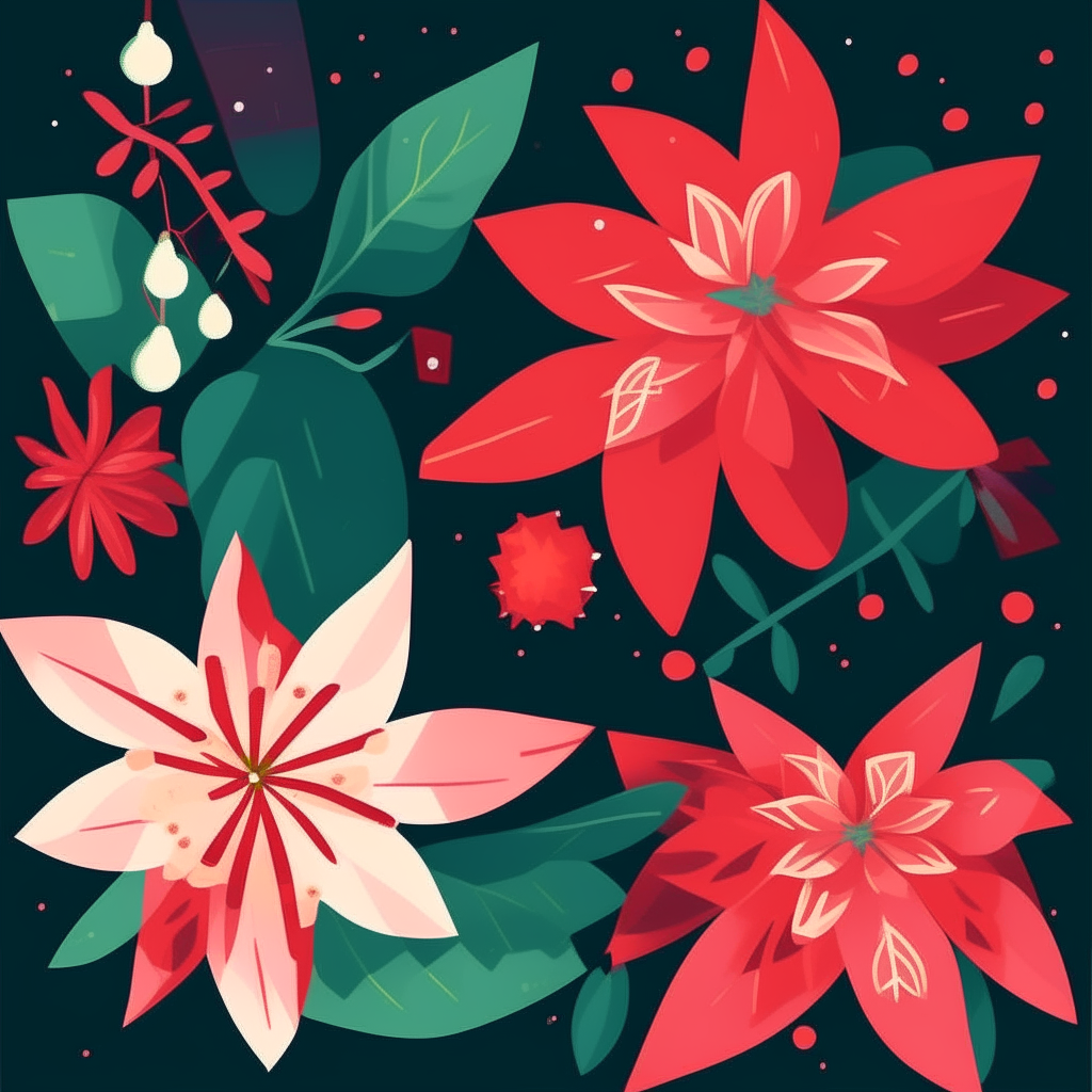 Vector illustration of poinsettia flowers, holly leaves, Christmas lights and gift boxes in a festive color palette