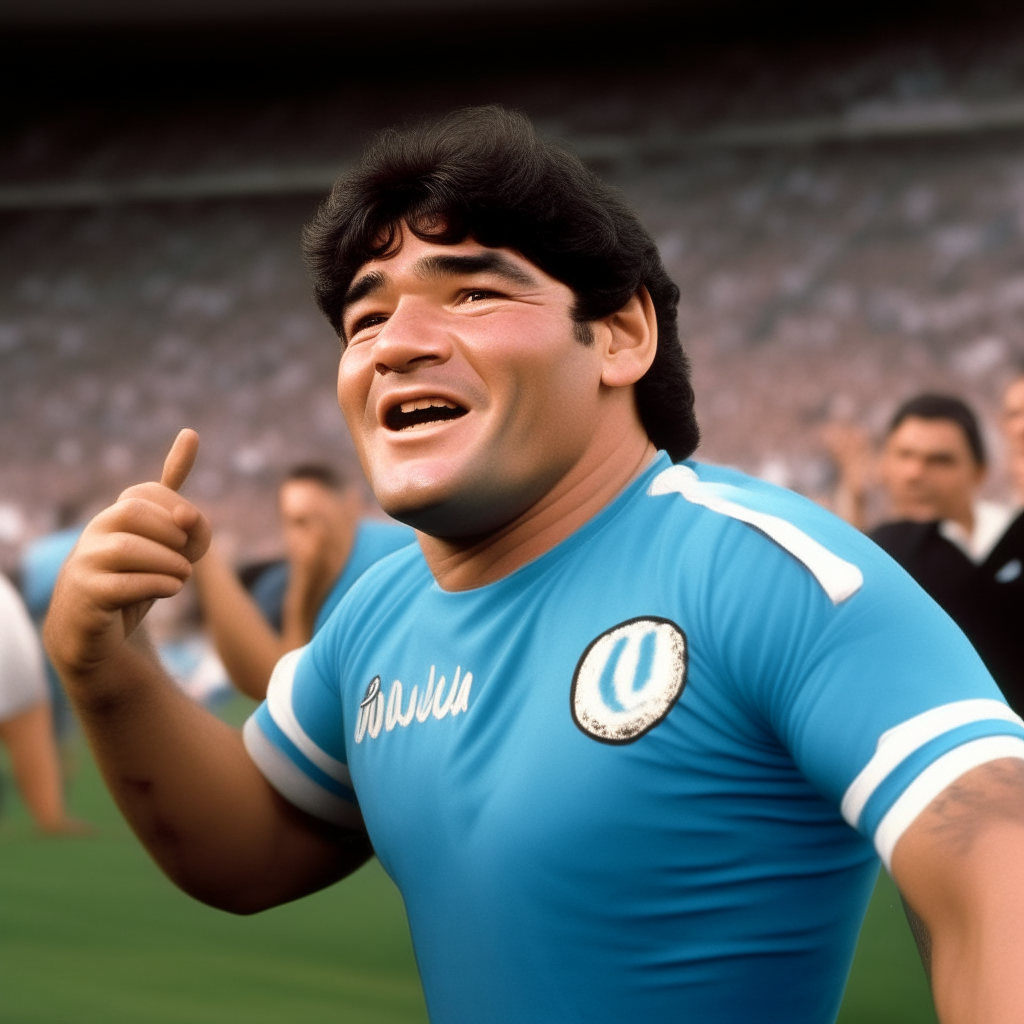 Diego Armando Maradona celebrating a goal while wearing the light blue shirt of SSC Napoli