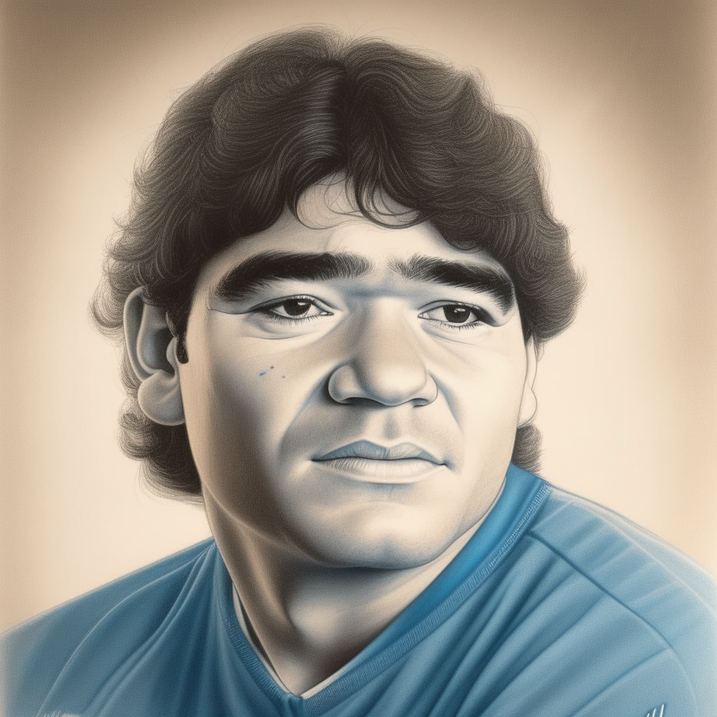 A pencil sketch portrait of Diego Armando Maradona wearing the light blue shirt of SSC Napoli