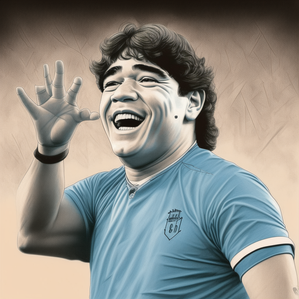 A charcoal drawing of Diego Armando Maradona celebrating a goal while wearing the light blue shirt of SSC Napoli