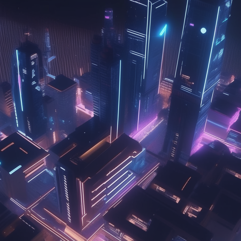 Thumbnail for MetalVerse Explorer channel: An overhead view of a futuristic city at night, with neon signs glowing below towering skyscrapers