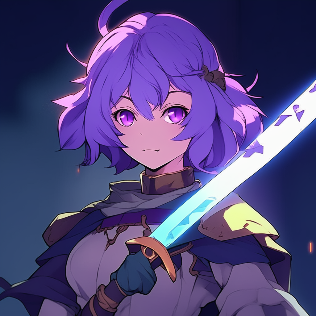 Thumbnail for Character Showcase channel: A profile view of an anime-style character with purple hair and eyes, holding a glowing sword