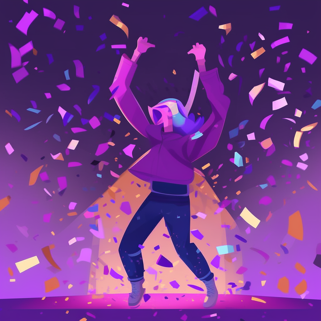 Thumbnail for Gaming Highlights channel: Screenshot of a character doing a victory dance, surrounded by confetti against a purple background