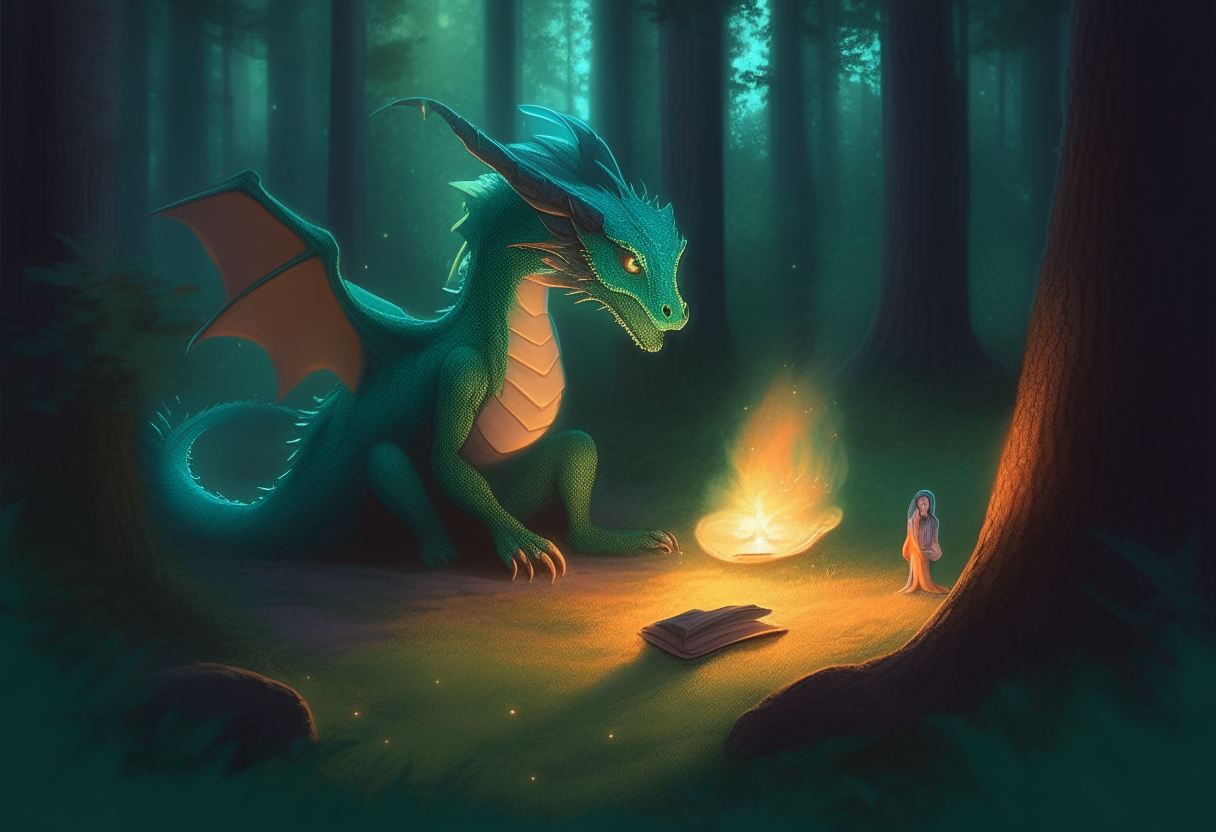 A dragon with green scales rests in a forest clearing as night falls, watching a young witch named Sofia who sits nearby reading an old spellbook by the light of a campfire