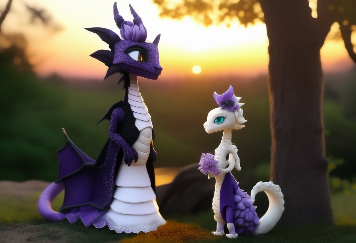 A tiny green dragon in a black suit stands next to a small purple dragoness in a white dress among the trees of an enchanted forest as the sun sets for their wedding